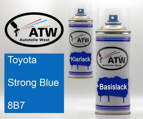 Toyota, Strong Blue, 8B7: 400ml Sprühdose + 400ml Klarlack - Set, von ATW Autoteile West.